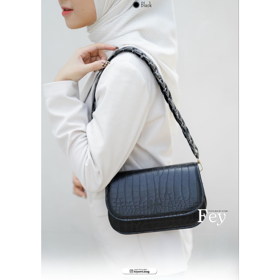 TAS SELEMPANG WANITA FEY BAG ORIGINAL KIYOMI BAHAN KULIT SINTETIS CROCO WARNA POLOS HITAM BLACK PUTI