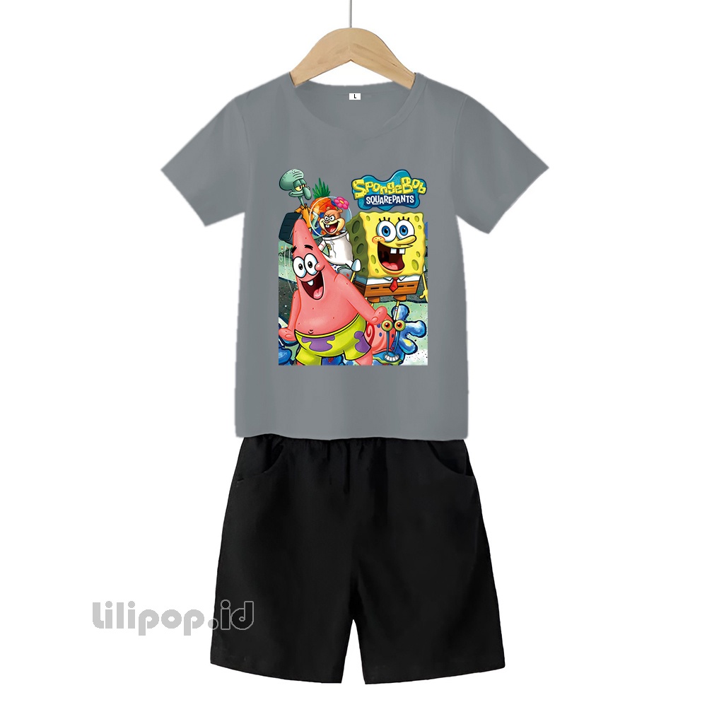 Baju Anak Stelan Kaos 3/4 Spongebob patrik Cowok Cewek  Usia 2 - 7 Tahun Celana Pendek Harian