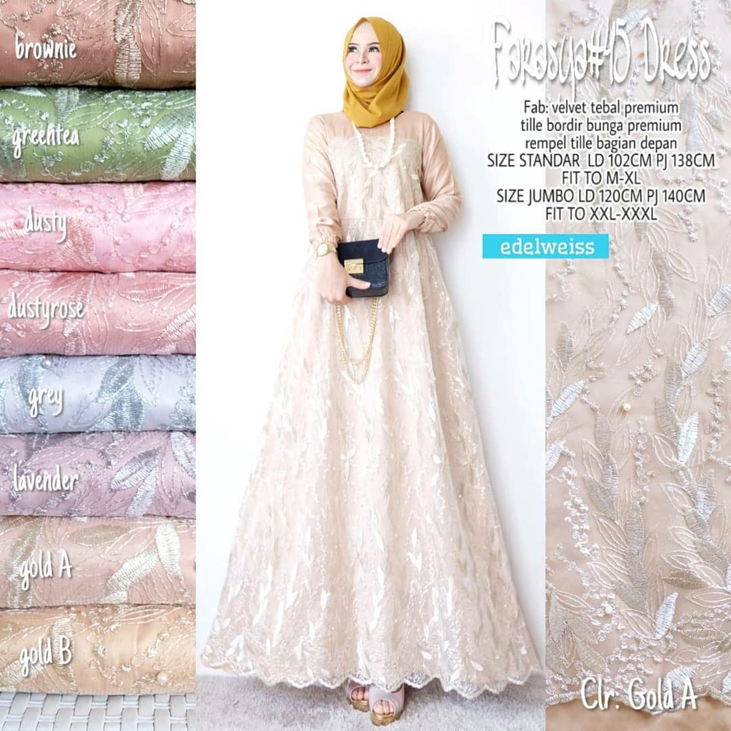 Farasya Dress Muslimah #45 Gamis Brukat Jumbo Gamis Lebaran Terbaru Gaun Pesta Resepsi Seragam Pernikahan Outfit Bridesmaid Broklat Jumbo Wanita xxxl Dress Code Kondangan Warna Rose Gold Greentea Ice Blue Maroon Navy Brown Millo Putih Denim