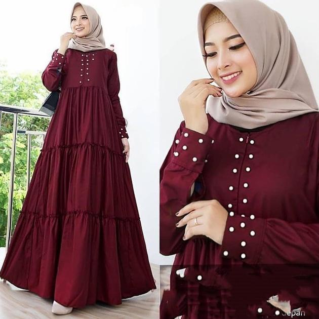 MURAH Gamis Dress Maxy Polos Busui Susun MARIAM Warna MERAH MAROON MARUN