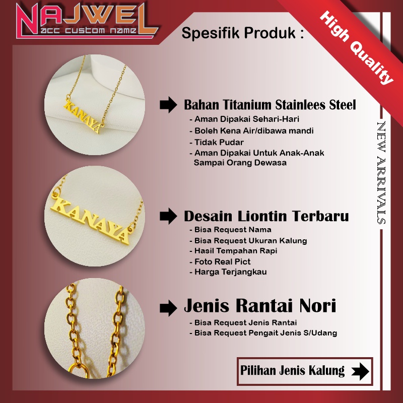 Kalung Nama Custom Titanium Stainless Steel Anti Karat Aksesoris Fasion Wanita Premium