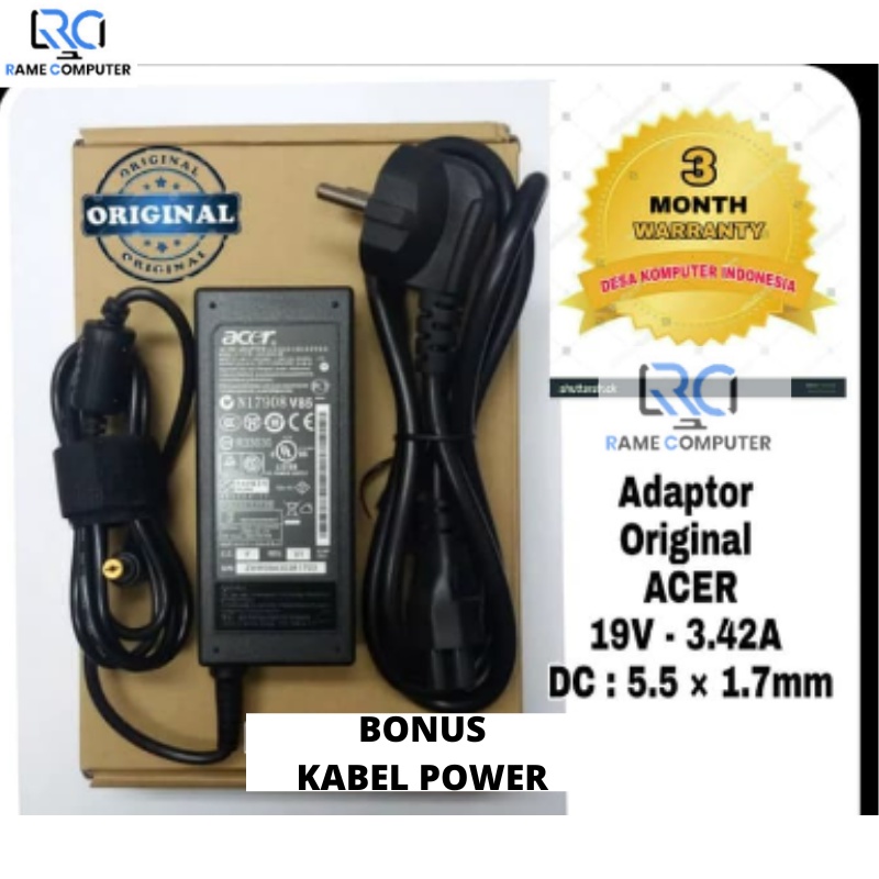 Charger Laptop Acer Aspire E14 E5 475 E5 475G Original Output :  19V 3.42A ( 65W ) Size Konektor : 5.5 x 1.7mm [ Ujung Colokan Kuning ] Termasuk Kabel Power