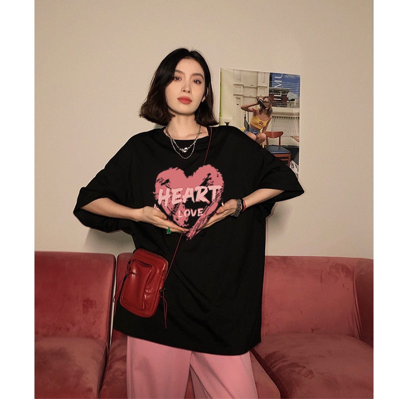 kaos wanita korean style heart graphic print t-shirt oversize lengan pendek import kaos hitam