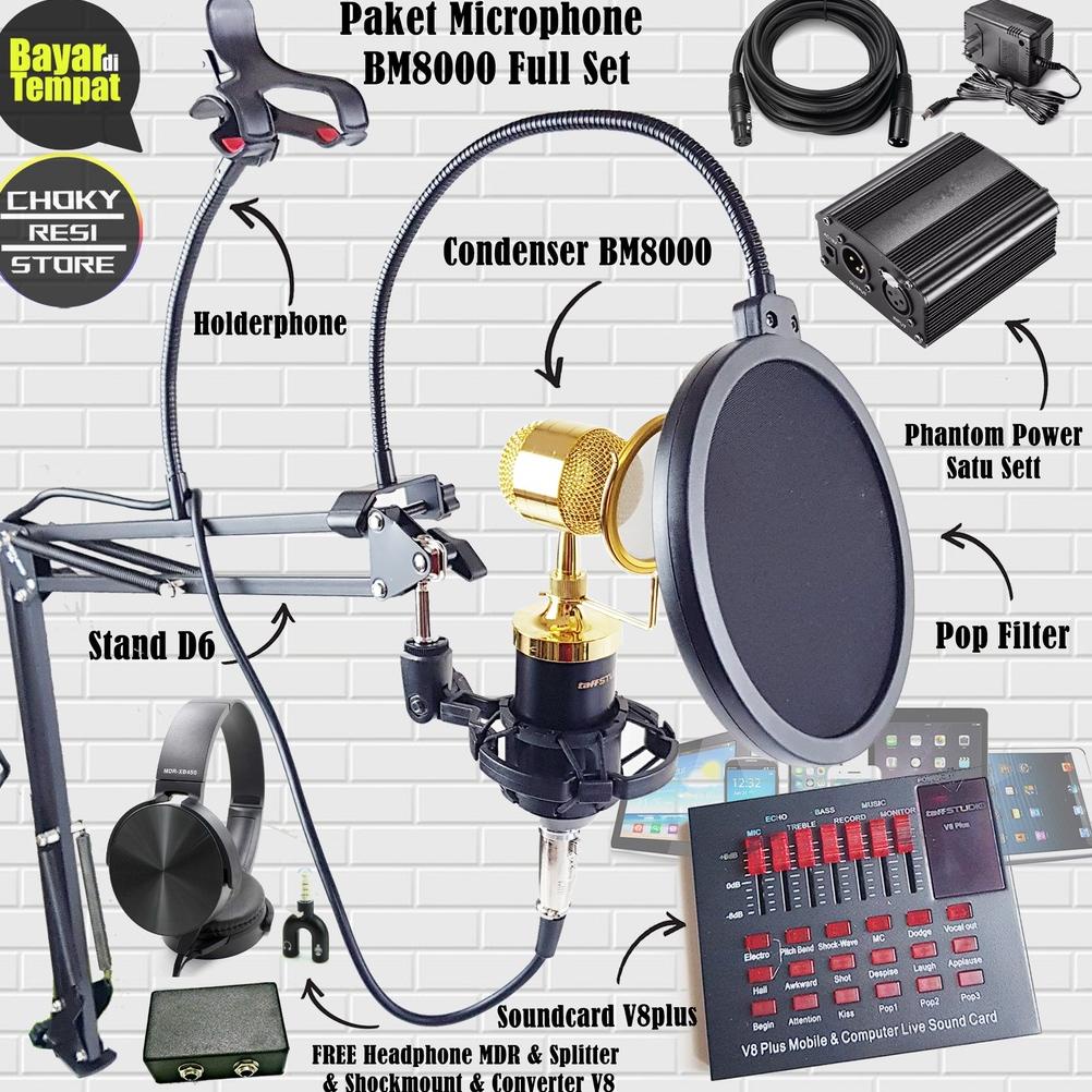 Paket Microphone BM8000 Full Set Plus Soundcard V8plus + Holderphone + Phantom Power Kabel Xlr to Xl
