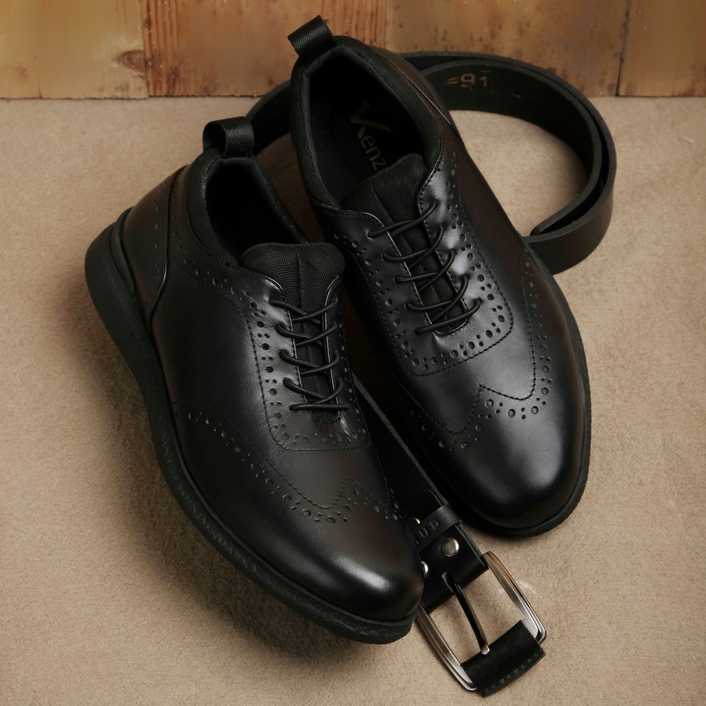 Aristo Black | Sepatu Pantofel Kulit Asli Hitam Formal Kerja Pantopel Clasic Sporty Pria Ori | FORIND x Kenzios