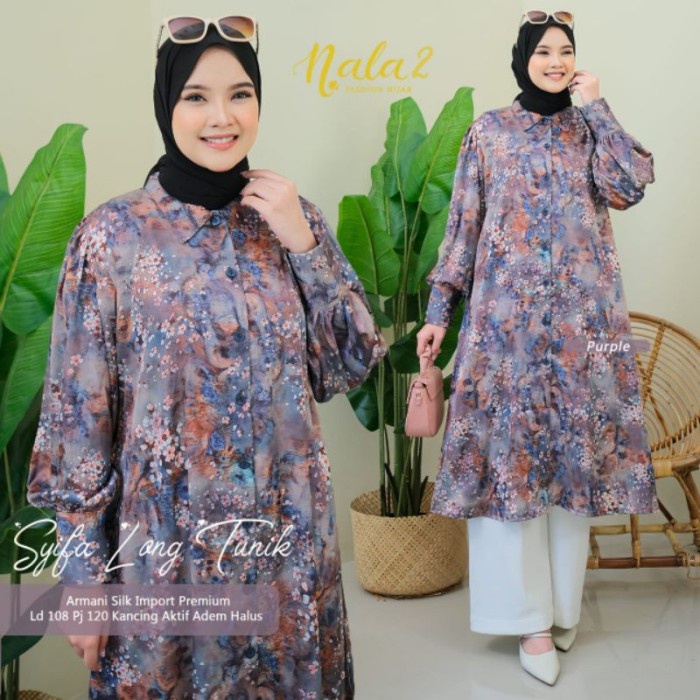 Gamis Wanita Syifa Long Tunik Ori by Nala Bahan Armani Silk Import Nariwara - Purple F7I5