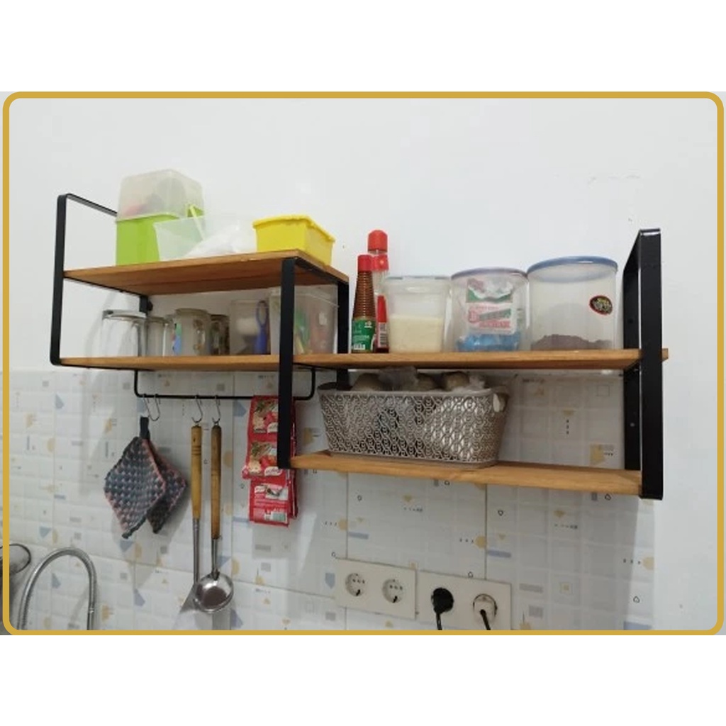 Rak Dinding Gantung Besi Bracket Rak 2 Susun Rak Besi Ambalan Kayu SET - Hitam, PAPAN 60cm