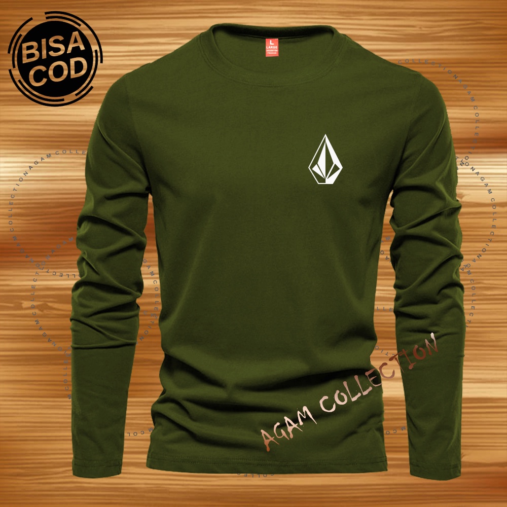 Agam Collection Baju Kaos Distro Volc Logo Text Putih Lengan Panjang Premium Quality Kaos Pria Keren Kaos Cewek/Cowok
