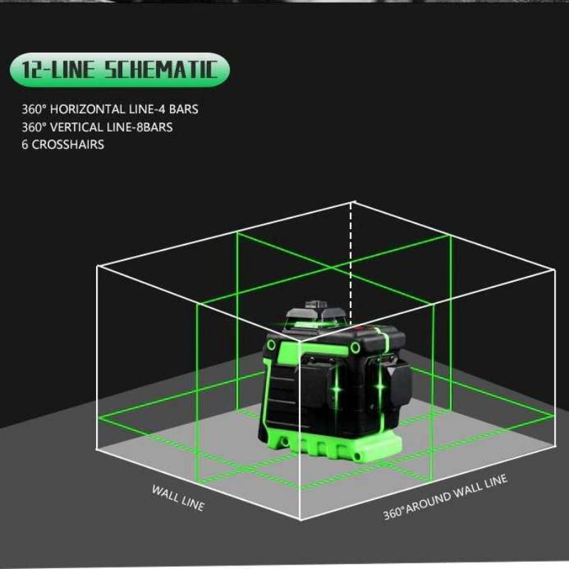 KEUHZ Laser Level Green Beam 12 Lines Self Leveling Alarm 360 Rotation - KE7MM Hijau Hitam pengukur bangunan Tukang