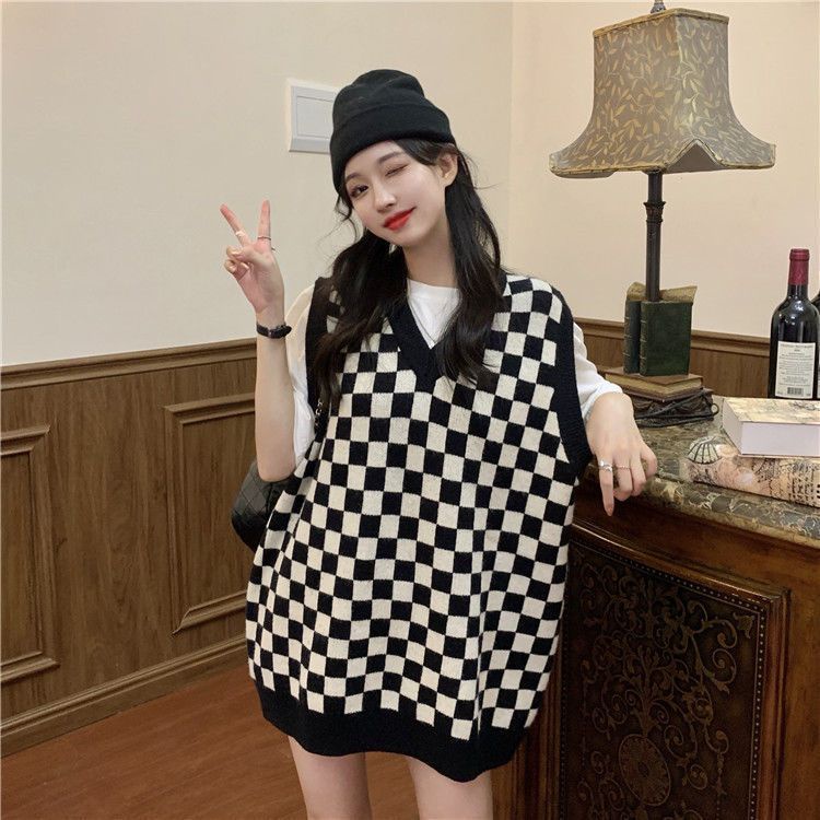 Knit Vest Wanita Casual Sleeveless Kotak Kotak Baju Atasan Wanita Kekinian