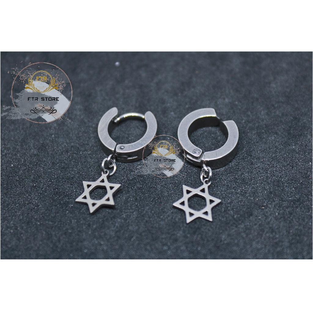 Anting titanium gantung model hexagram silver / anting tindik dan jepit / anting Korea /