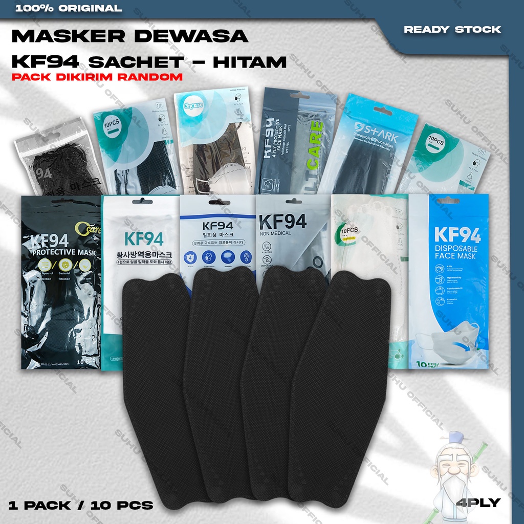 Masker KF94 4Ply Isi 10Pcs Hitam Black Korea KF 94 4 Ply Earloop Surgical Mask Kemenkes