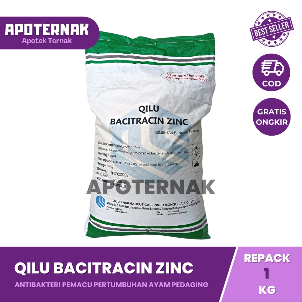 QILU BACI TRACIN ZINC 1 kg | Pemacu Pertumbuhan Ayam Pedaging Broiler | AFP Qilu | AGP Ayam | Zinc Bac 15%