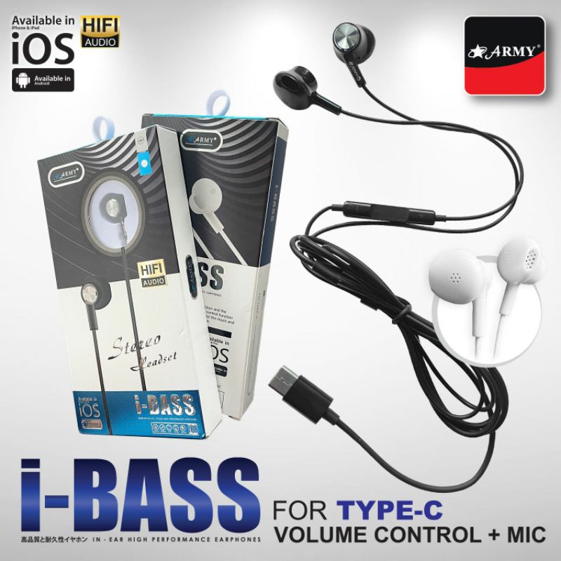 HEADSET ARMY i - BASS COLOKAN TYPE C VOLUME CONTROL + MIC FOR TYPE - C