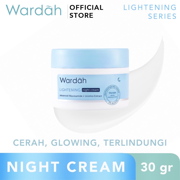 WARDAH Lightening Night Cream Indonesia / Pelembab Wajah 20ml 30g / Advanced Niacinamide + Licorice Extract / With Blue Light Protection / For All Skin Types Menyamarkan Bekas Jerawat Melembabkan Moisturizer Skincare Face Care Series / Krim Muka Malam Day