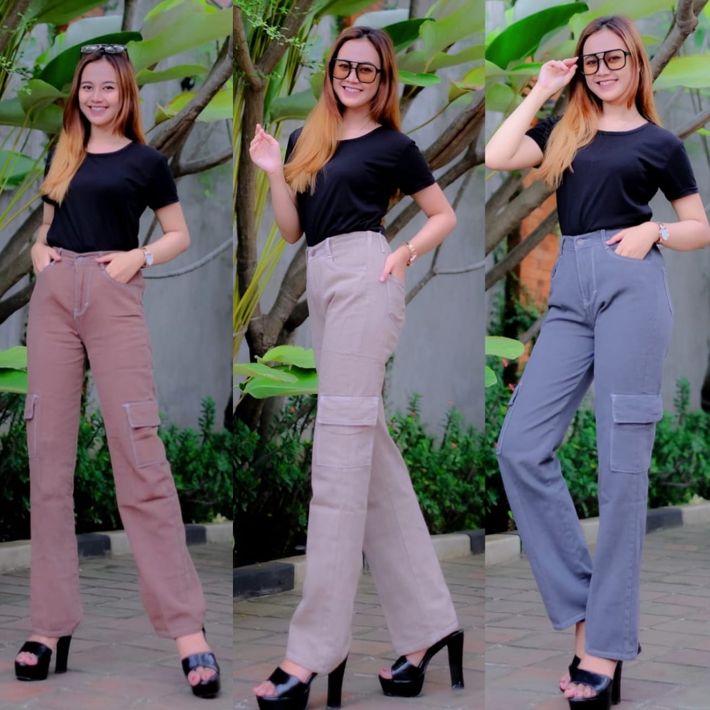 alvan.id Celana Highwaist Cargo Jeans Wanita Loose belakang pinggang karet