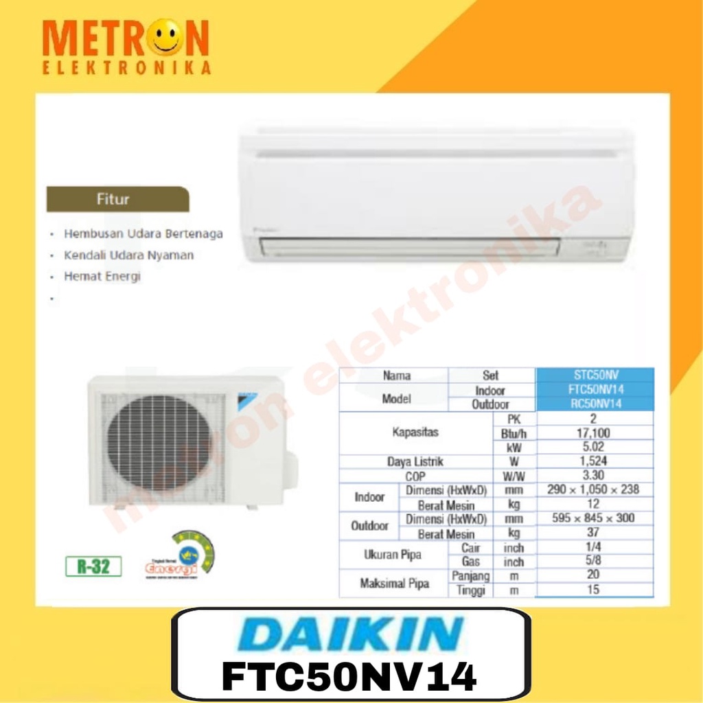 Daikin FTC 50 NV14 Standard Thailand AC Split Putih 2 PK/ AIR CONDITIONER SPLIT 2PK / FTC50NV14