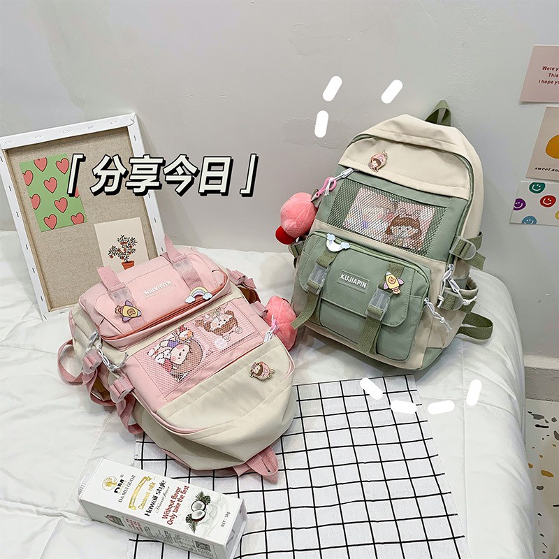 BA2207 Tas Ransel sekolah anak SD SMP SMA dengan 2 boneka dan pin hiasan size besar muat banyak Tas Ransel Korea Fashion Import / TAS RANSEL IMPORT WANITA ALA KOREA BACKPACK IMPORT TAS SEKOLAH KULIAH KERJA REMAJA