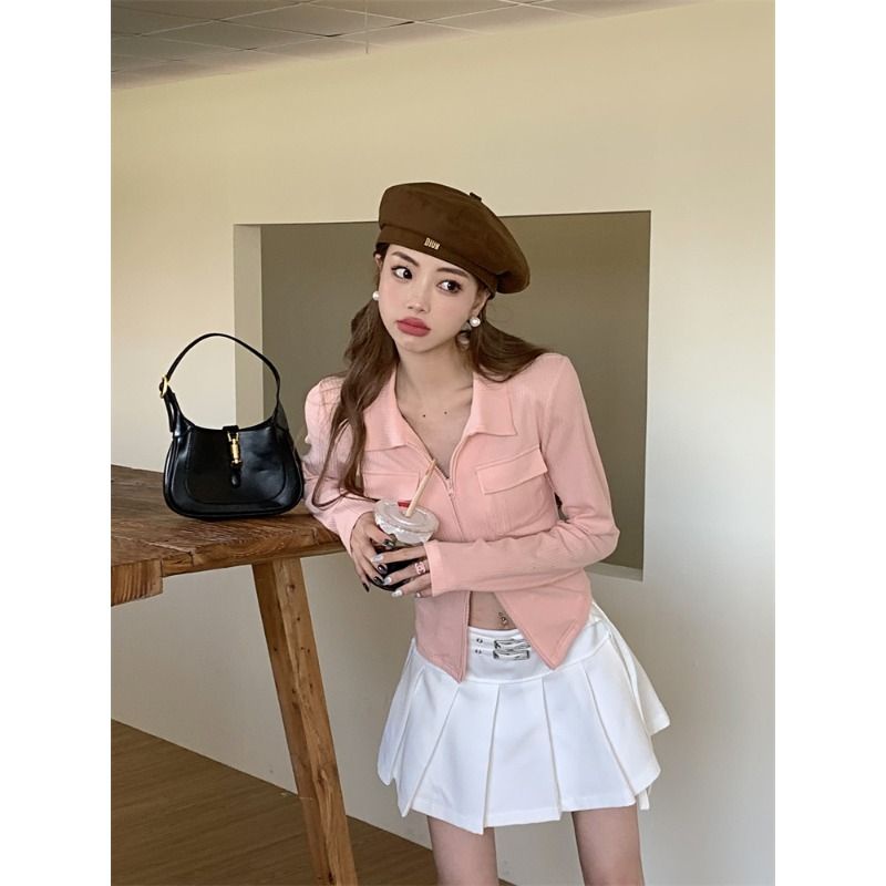 Red Ramping top lengan panjang pakaian luar cardigan kecil perempuan desain manis dan pedas bottoming mantel pendek Polo kerah ritsleting mahasiswa