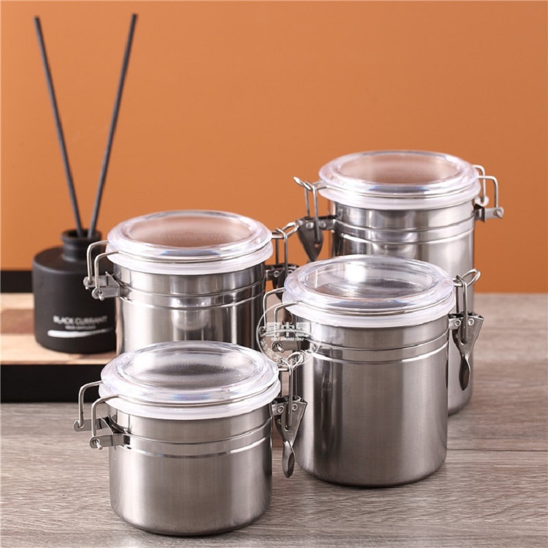 Toples Kedap Udara 1 Set Isi 4 Stainless Steel / Tempat Gula Kopi Bumbu Dapur 4inch/5inch / Toples Makanan