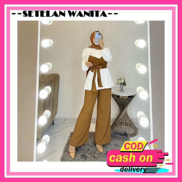 Rindy Set / Setelan Atasan + Celana Terlaris / Baju Setelan Wanita Matt Crinkle Airflow / Fashion Wa