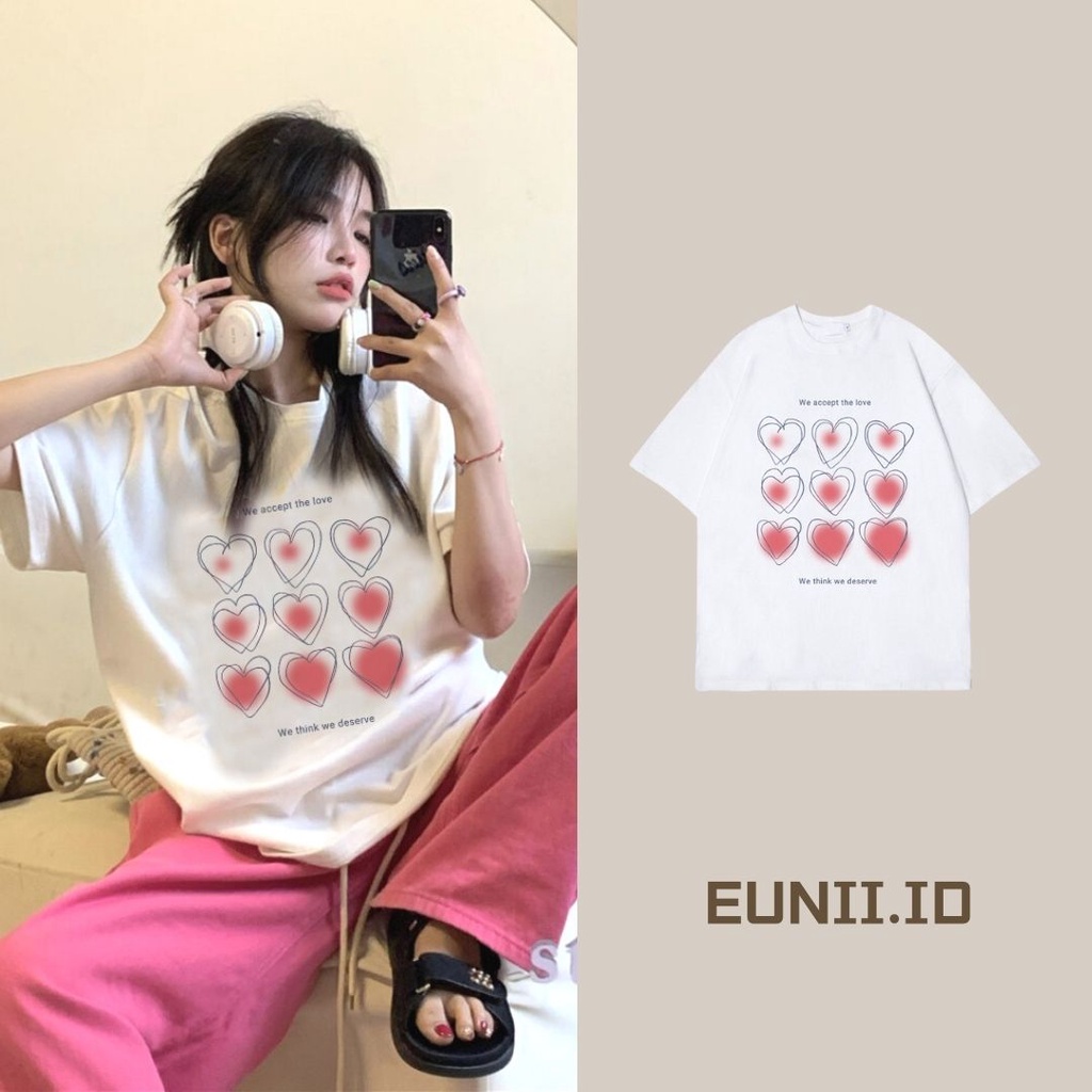 EUNII T-shirt Lengan Pendek Pink Heart  Korean Style/Kaos Atasan Wanita/Baju Kaus Oversize Wanita/Kaos Wanita