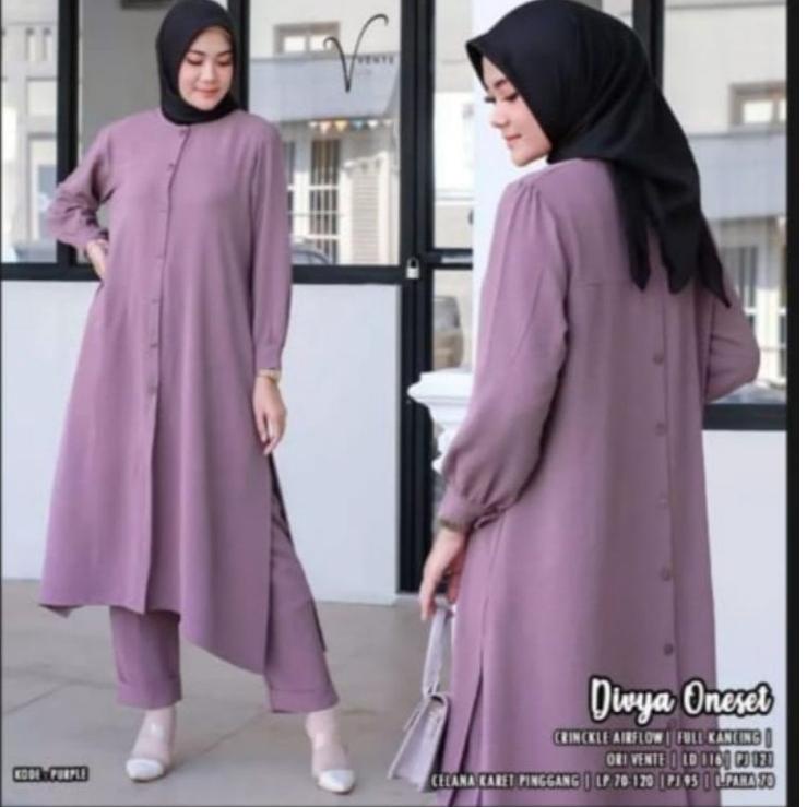 STOK TERBATAS Stelan Long Tunik Divya Cringkle Kemeja Kancing Depan Belakang/One Set Divya Cringkle 