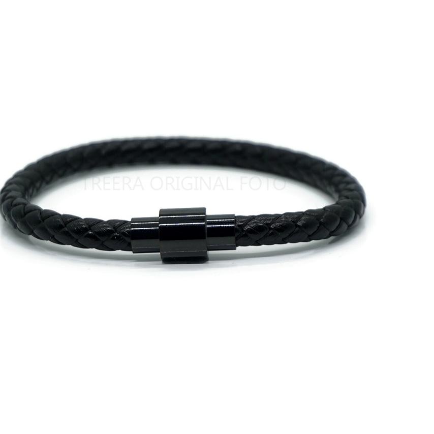 ♢ Treera - Gelang Kulit Pria Hitam Magnetic Lock Emas Hitam Original ♧