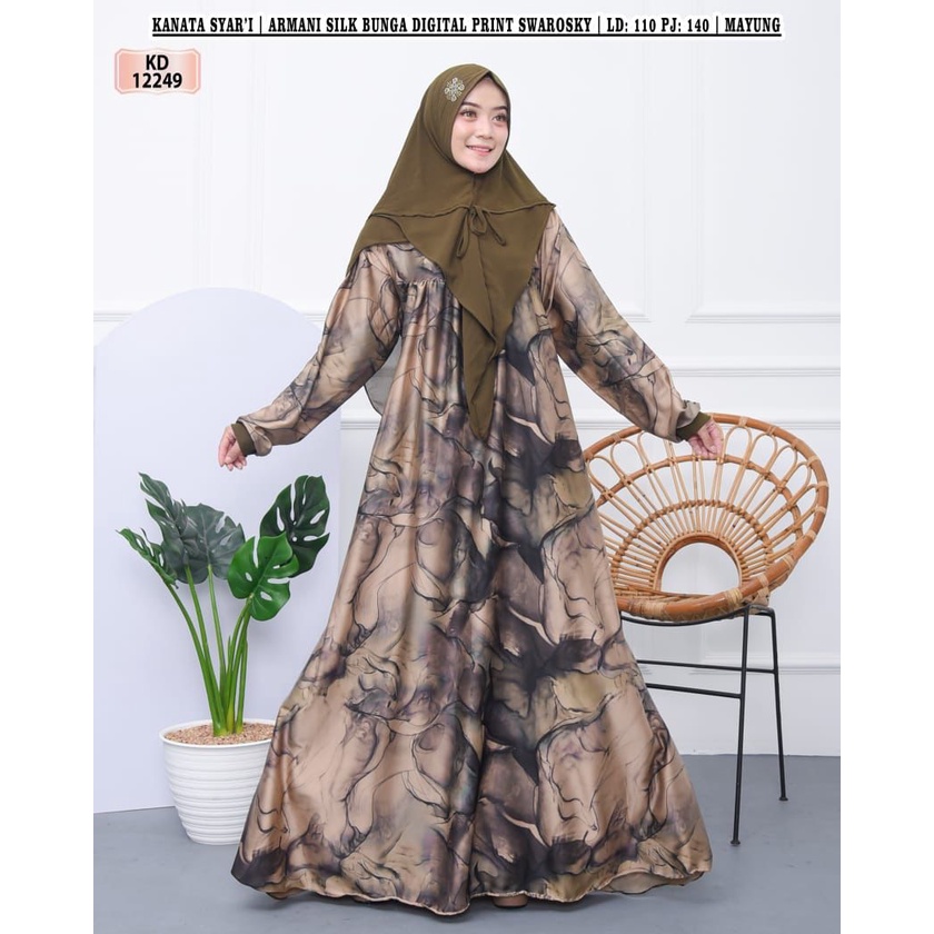 KD 12249 (isi 1) ASYA Syari Jilbab Armani Silk Motif Bunga Digital Print Payet Swarosky Lebar Mayung