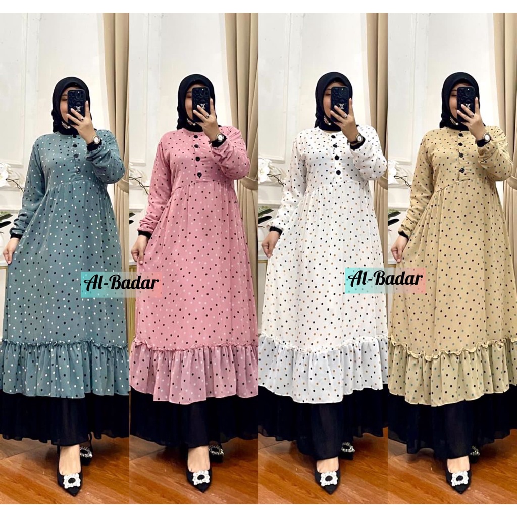 [BISA COD] GAMIS CERUTI MOTIF POLKADOT KANCING HIDUP, DRESS CERUTI MOTIF POLKADOT KANCING MODEL TERB