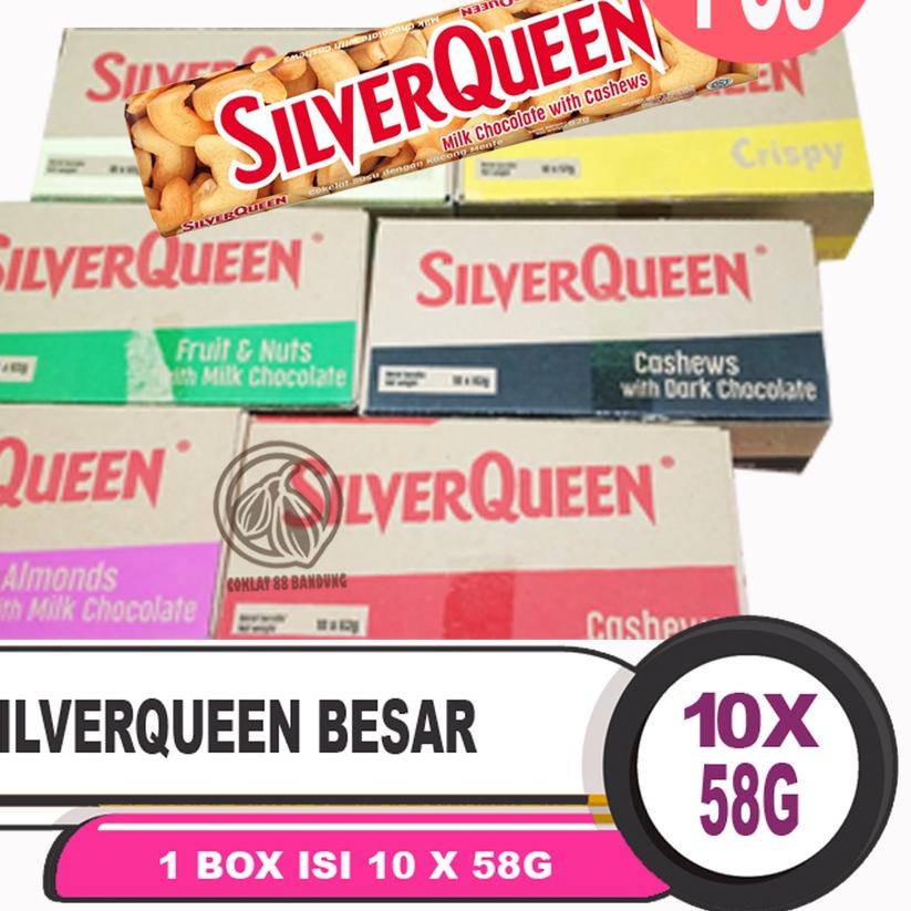 

☼ SilverQueen 58gr X 10 pcs Box Cokelat Besar Ex 62gr - Coklat SIlver Queen Isi 10 X 58 gr Kemasan Buy 1 Get 1 Milk Chocolate Almond Cashew Fruit Dark White Matcha Yogurt Berry 58 gram ☺