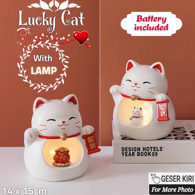 SALE LUCKY CAT with Lamp + Battery Hiasan Patung Kucing Keberuntungan Lampu TERMURAH
