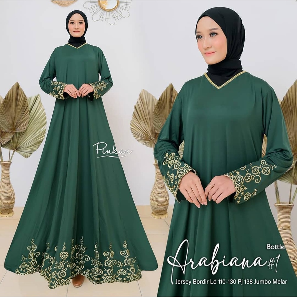 Gamis Muslim Jumbo Jersey Motif Bordir xxxl Ld 130cm Arabiana #1 Turkey Maxy Turqi Abaya Gamis Lebaran Remaja Muslimah Terbaru Seragaman Pengajian Murah Dress Wanita Muslimah Syar'i Gamis Polos Tebal Premium Warna Hitam