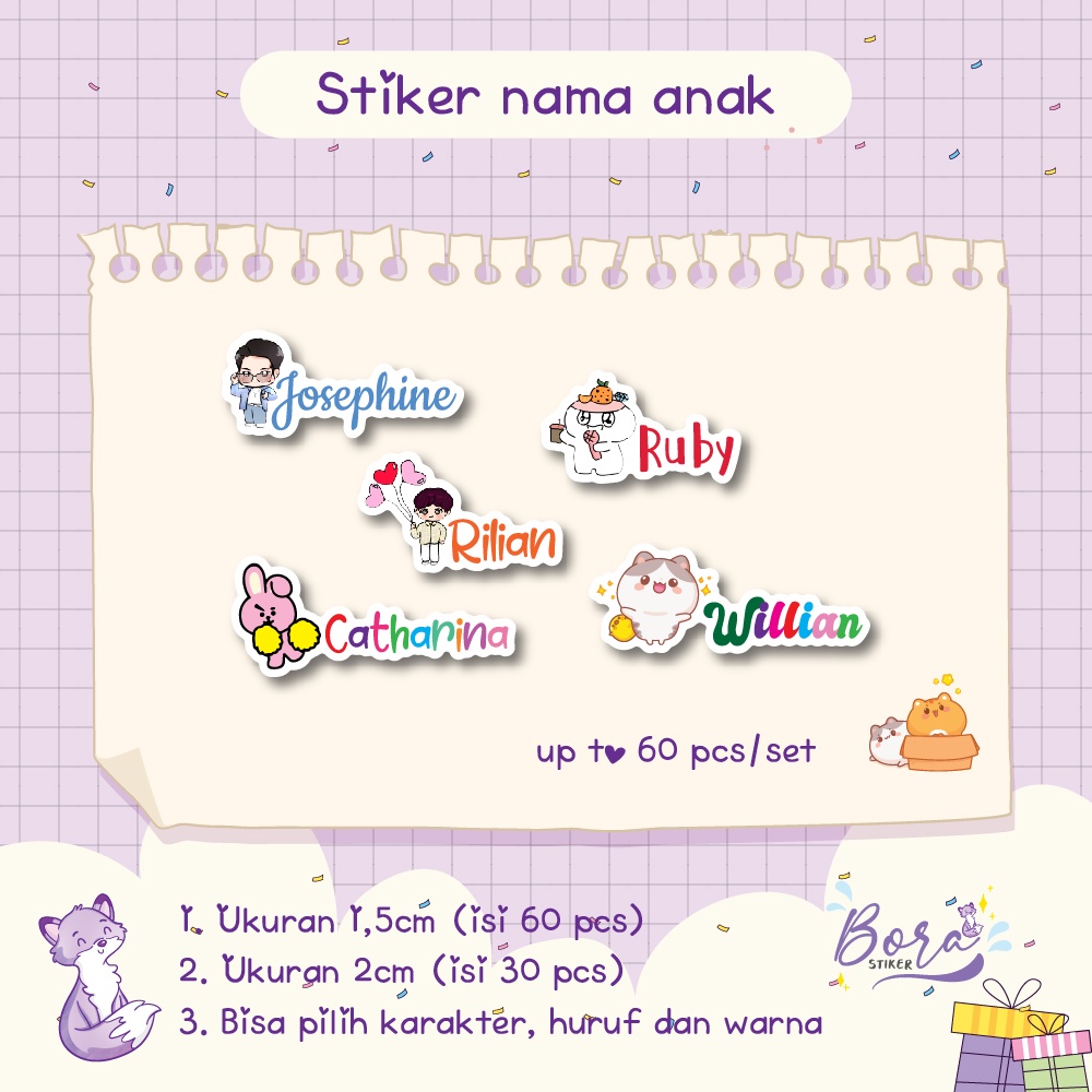 

STIKER LABEL NAMA ANAK WATERPROOF BTS AND SVT CHARA