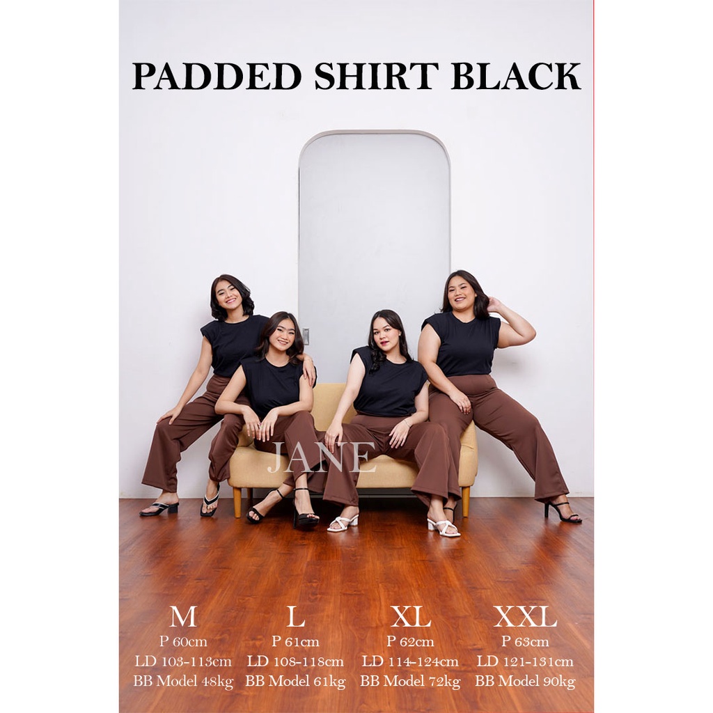 JANE COLLECTION || Pad Shoulder Top Blouse Wanita Hitam Kasual Atasan Wanita Putih Katun Muscle Tee Padded Top