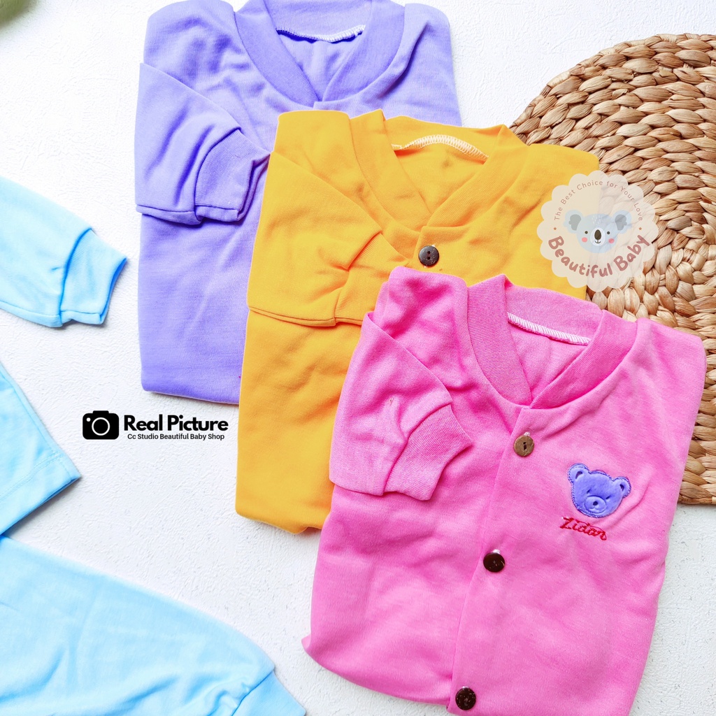 Baby.ou - Setelan Piyama Baju Bayi Usia 3-10 Bulan Kancing Depan Lengan Panjang Celana Panjang Motif Polos Merk Zidan / Baju Tidur Bayi