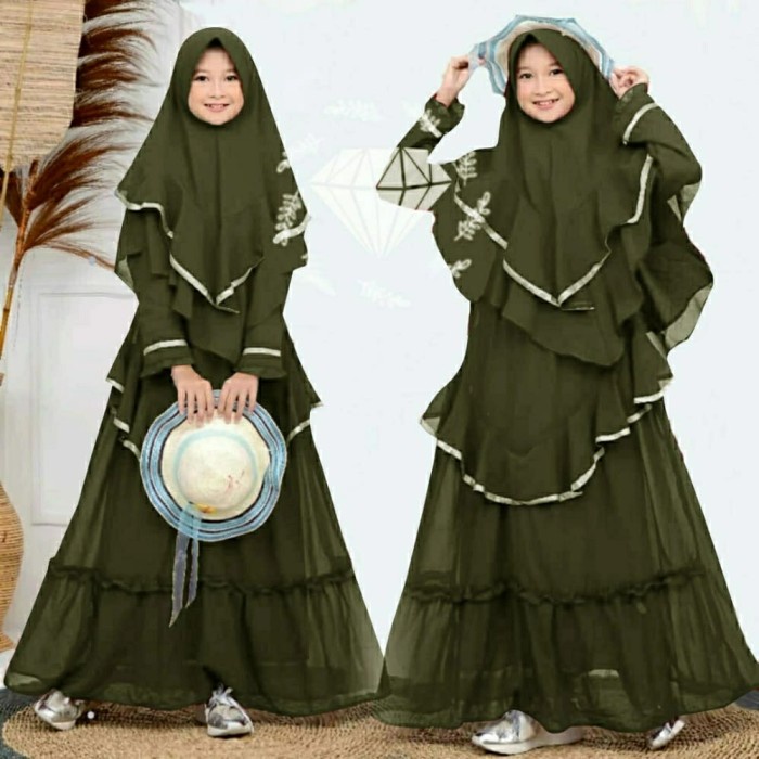GAMIS SYARI ANAK REMAJA 8-10 TAHUN SET DUVENCI KIDS BAJU MUSLIM WANITA - Army K8A3
