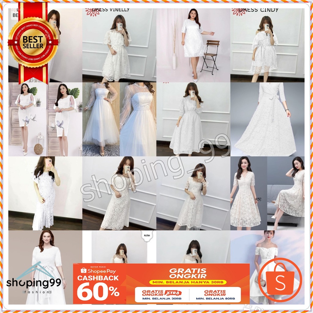 COD - Baju Dress Panjang Elegan Natal Model Korea / PREMIUM DRESS BRUKAT PUTIH WANITA ALA KOREA / WH
