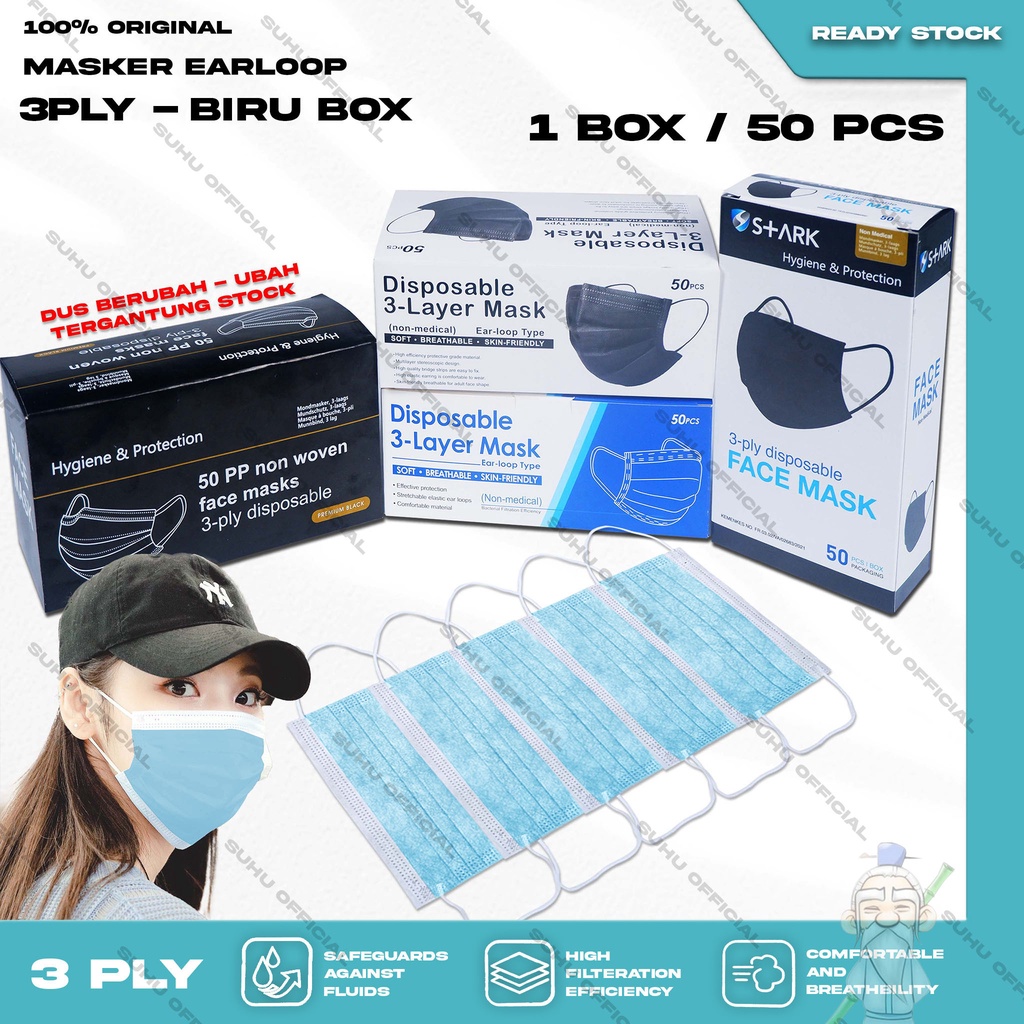 Masker 3PLY 50PCS Box Biru Muda Blue Surgical Mask 3 Ply