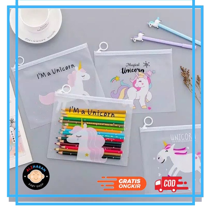 

wadah pencil /tempat serbaguna /Zipper Bag Transparan Karakter Unicorn