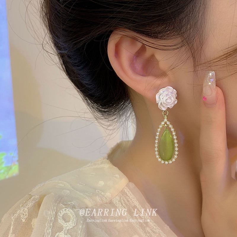 Musim Panas Anting Hijau Baru Mutiara Bunga Stud Earrings Fashion Wanita Earrings