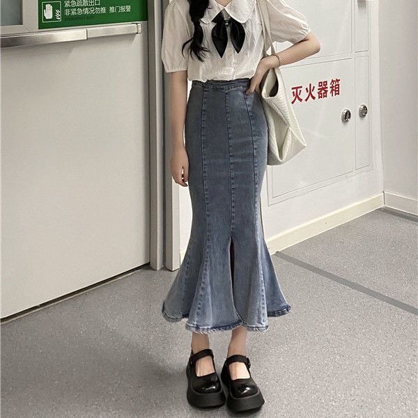 Rok jeans panjang wanita rok sobek fashion korean style wanita rok belah samping cewek seksi ootd kekinian