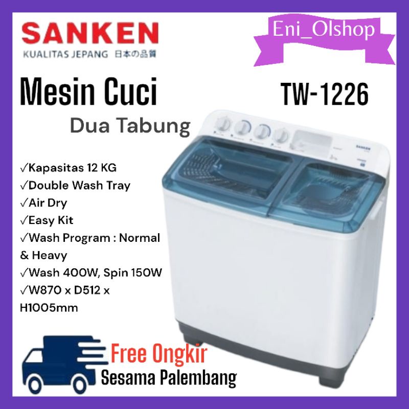 MESIN CUCI SANKEN 2 TABUNG 12 KG TW 1226