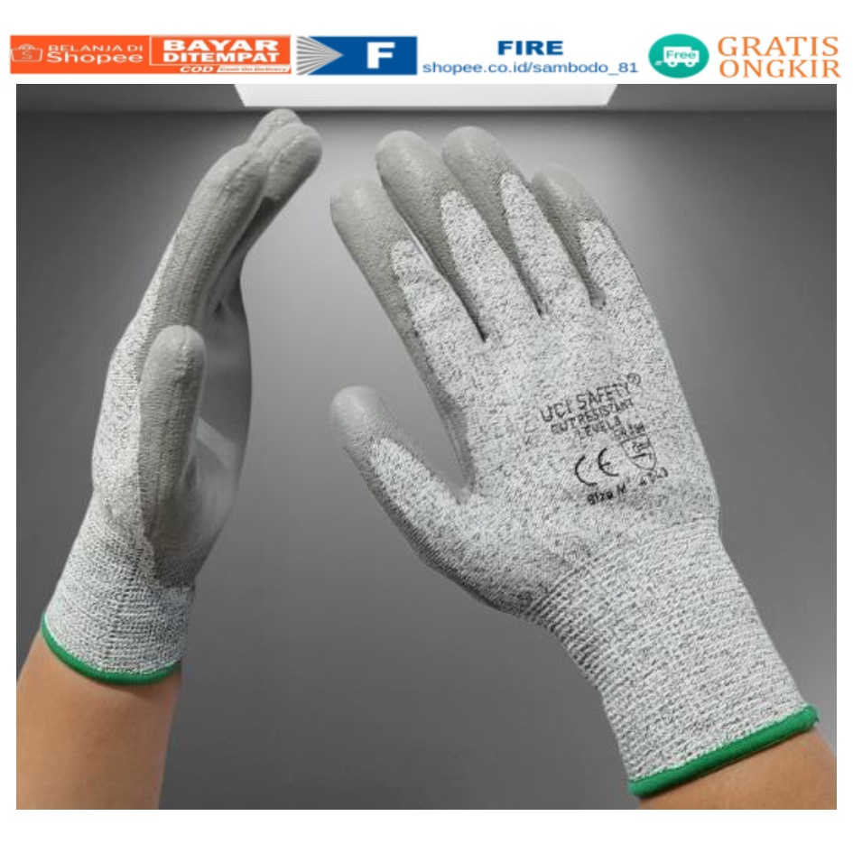 Coating Karet Anti Pisau Potong Hand Gloves Coating Karet Warna Abu Abu Sarung Tangan Safety Kerja Kawat Besi Baja Kaca Pabrik industri Ukuran M &amp; L Uci Safety Mekanik, Motor, Berkebun, Bengkel, Tukang