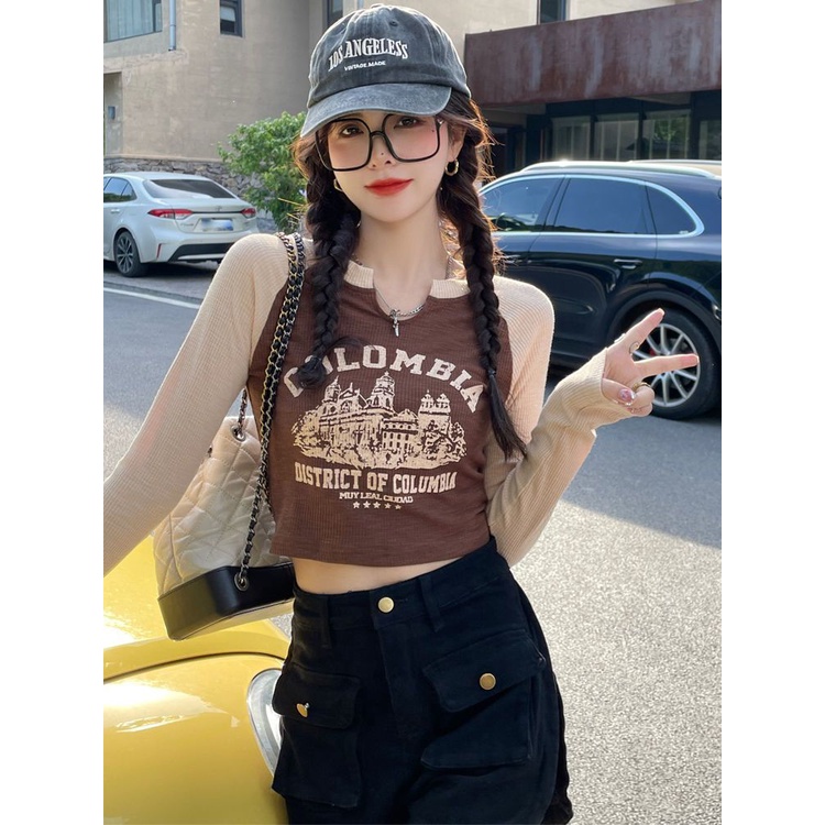 Red Lengan Panjang T-shirt Wanita Diri Budidaya dan Pelangsing Musim Gugur Baru Bagian Dalam Bottoming Kemeja Desain Rasa Niche Pusar hot Girl Top Trend