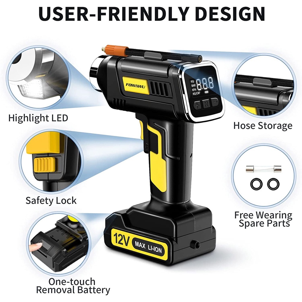 FOWAWU Pompa Ban Elektrik Digital Tire Inflator Rechargable 12V - ATJ-6688 - Yellow