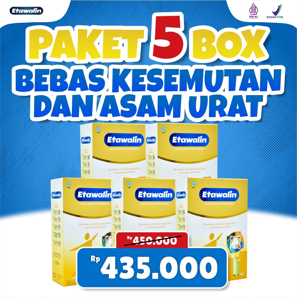 

Susu Etawalin - Susu Etawalin Paket 5 box Susu Kambing Etawa Premium Deangan Campuran Bahan Herbal Alami Bantu Mengatsi Masalah Persendian Pegal Pegal Rematik Asamurat Pegal Linu Saraf Kejepit Resmi Terdaftar BPOM dan MUI Hallal