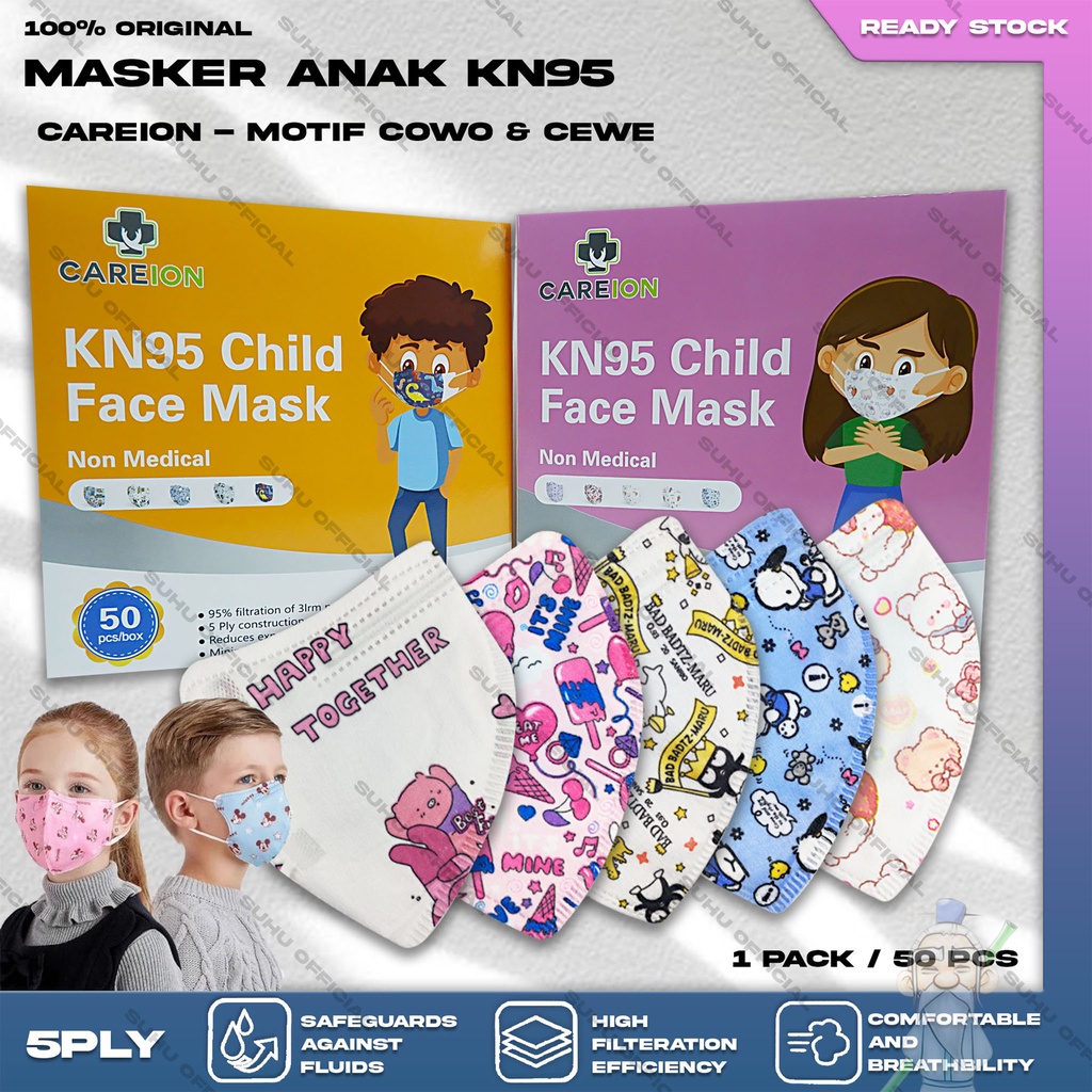 Masker Anak KN95 CAREION 5Ply isi 50Pcs Motif Karakter Cowok Cewek Kartun Lucu Warna KN 95 5 Ply Earloop Surgical Mask Kemenkes