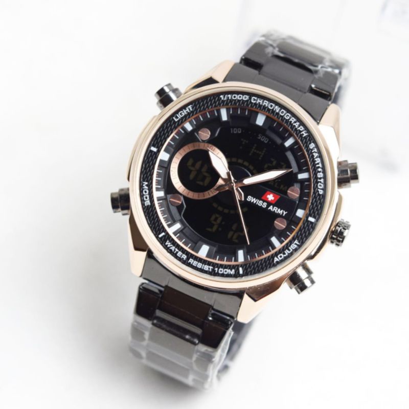 Jam Tangan Pria Swiss Rantai Double Time Digital Analog Tanggal Hari