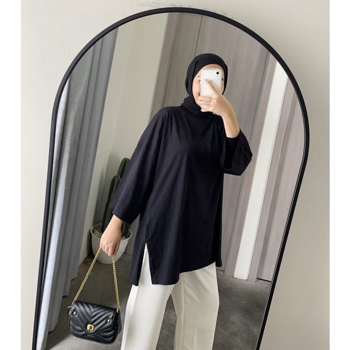 BrnJayaStore - Atasan Kaos Oversize Wanita Kekinian Polos Lengan 3/4 Top Hijab Jumbo